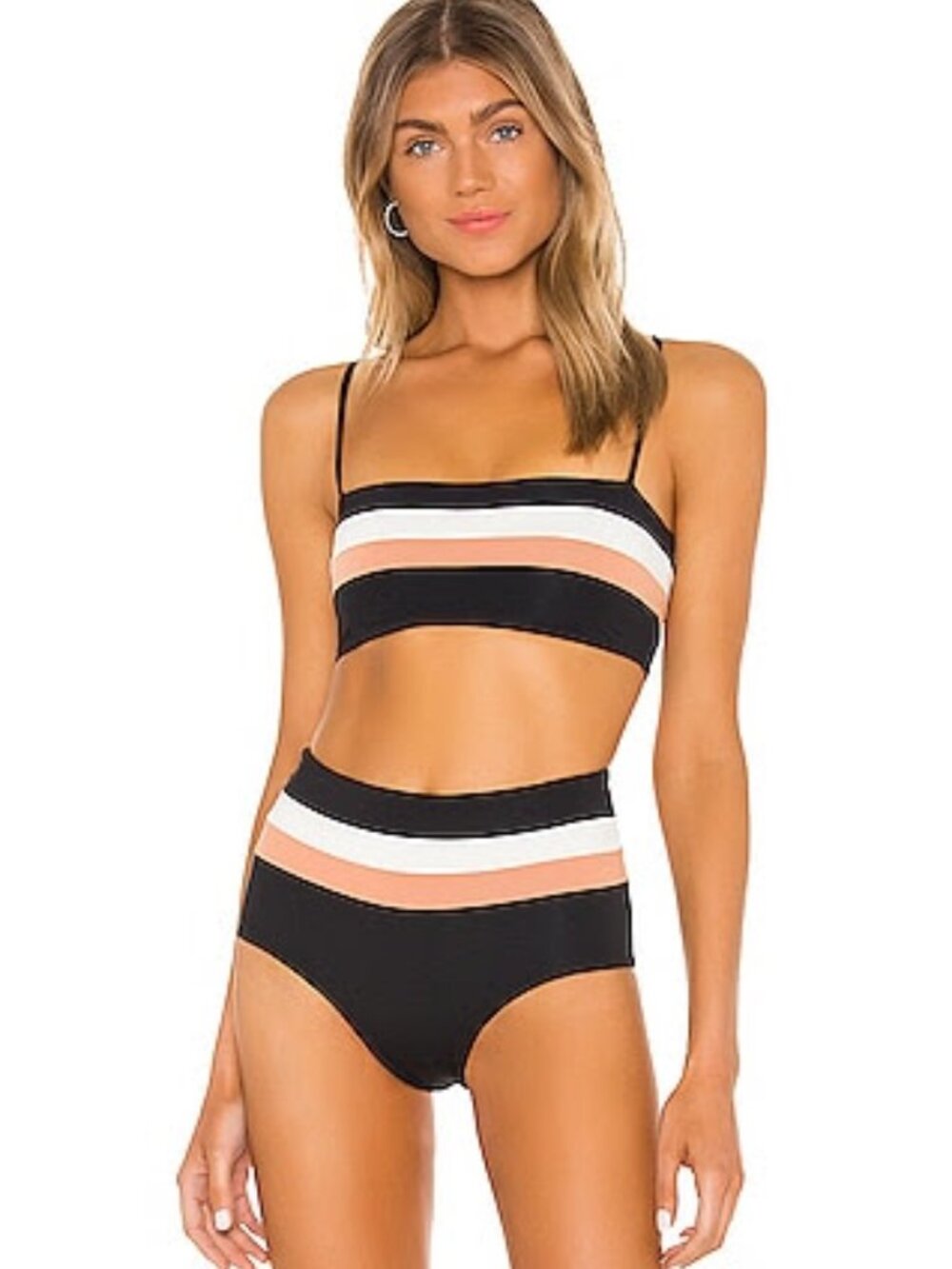 l*space Black, White & Peach Striped Bandeau Bikini Set